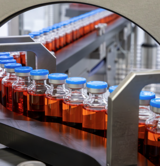 Vials of liquid in a machine